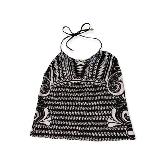 Aqua Green Black White Paisley Drawstring Embellish Neck Tie Tankini Swim Top S - Picture 1 of 5